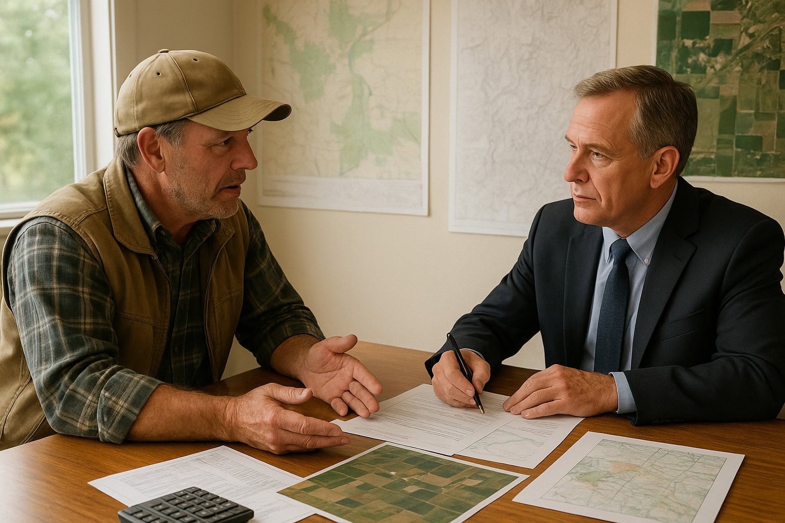 Farmer and loan officer discussing a business plan with agricultural maps in Washington State.