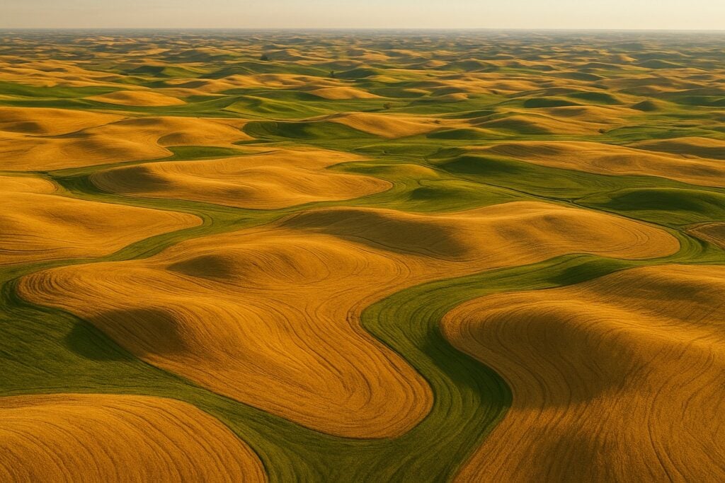 Aerial view of the Palouse region with wheat fields and rolling hills.