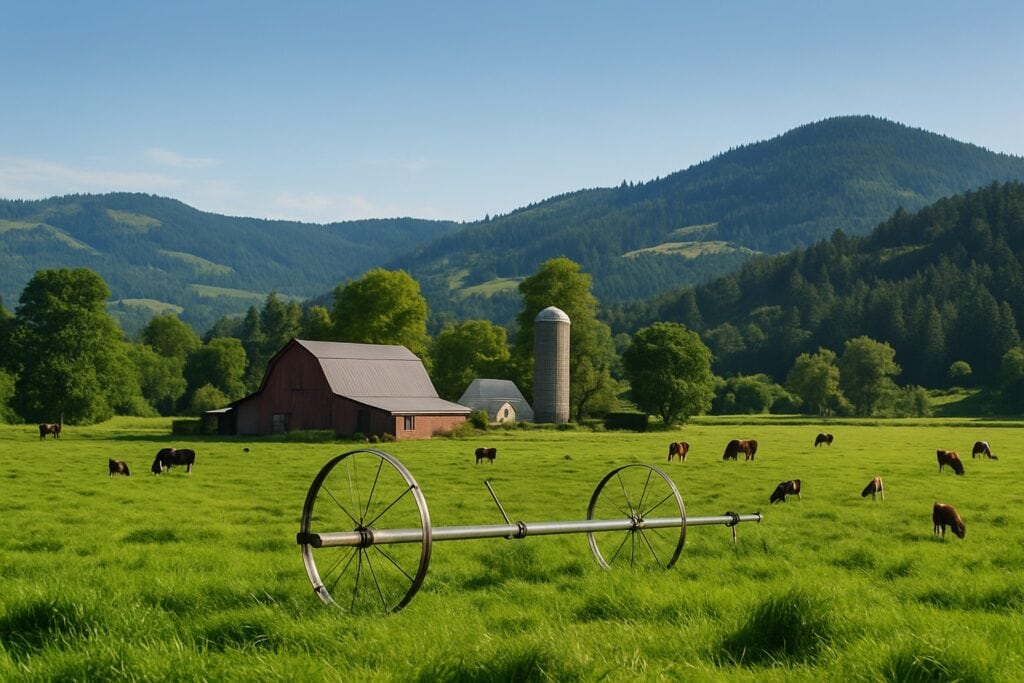 Washington State farm with irrigation equipment and lush fields.