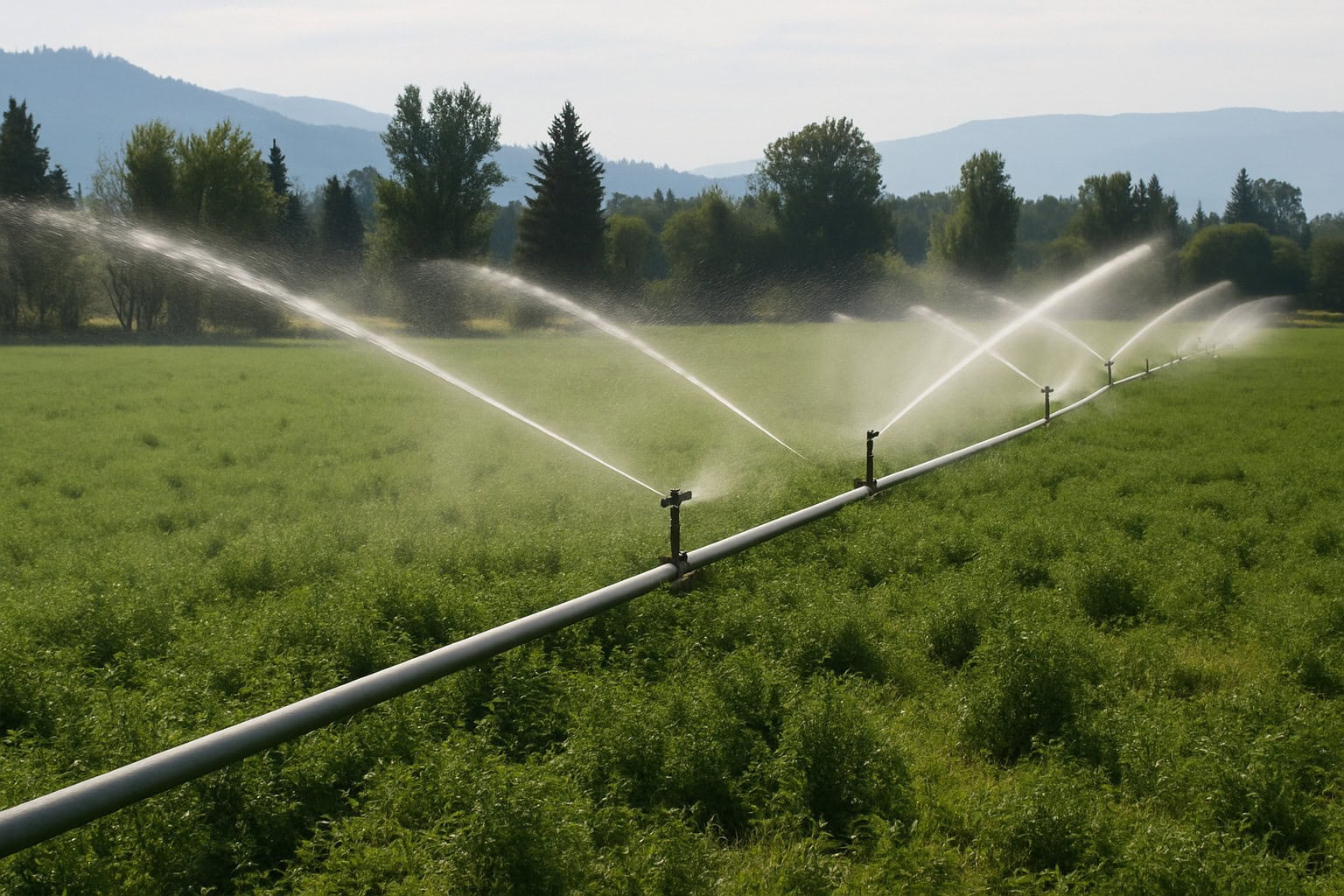 Hand line irrigation system in use on a Washington hay field.