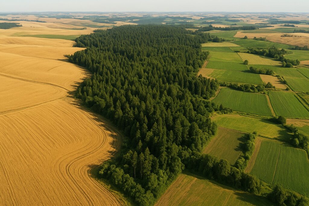 Aerial view of Washington State agricultural landscapes with wheat fields and timberlands.
