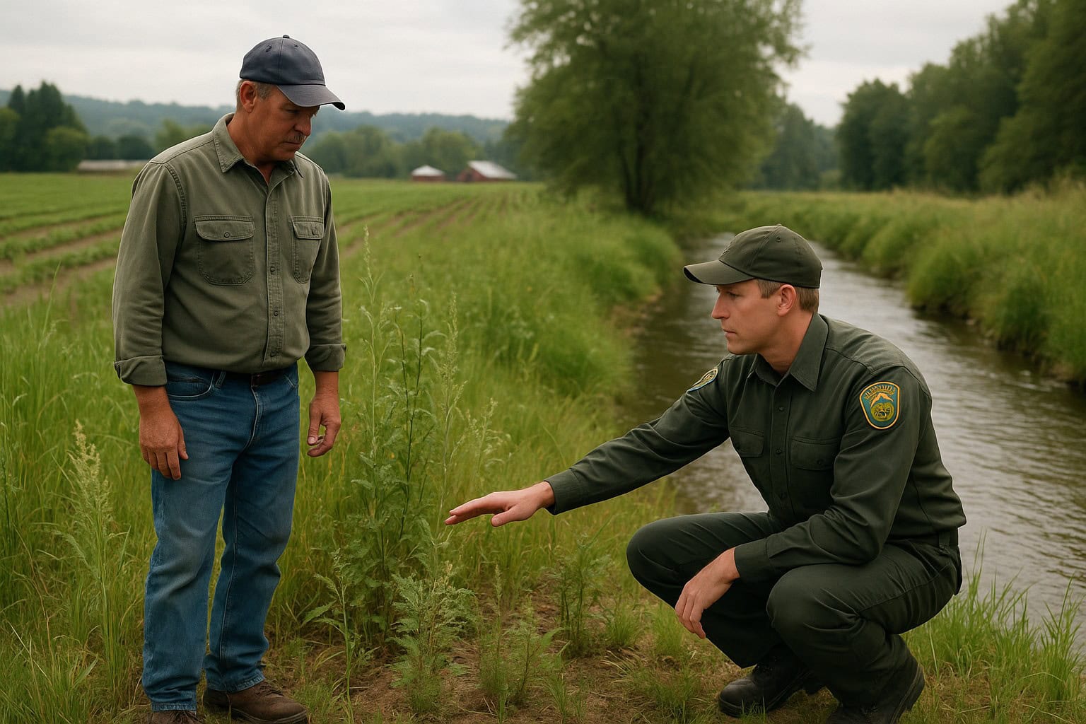 Farmer and conservation officer looking at a riparian buffer on a farm.