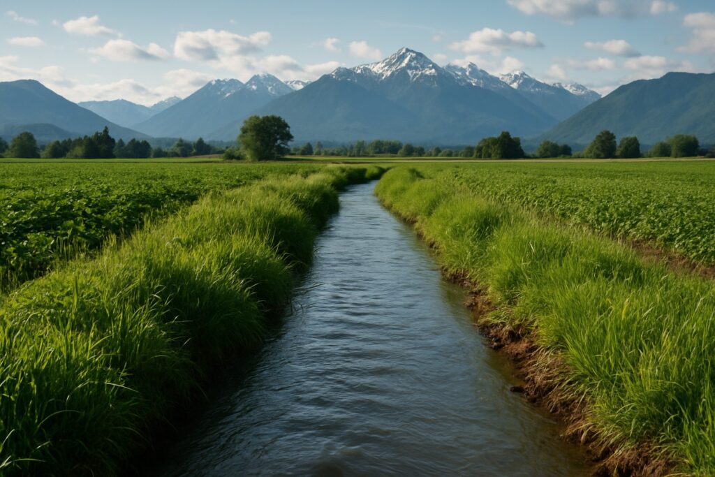 Irrigation canal on a Washington State farm with mountains in the background.