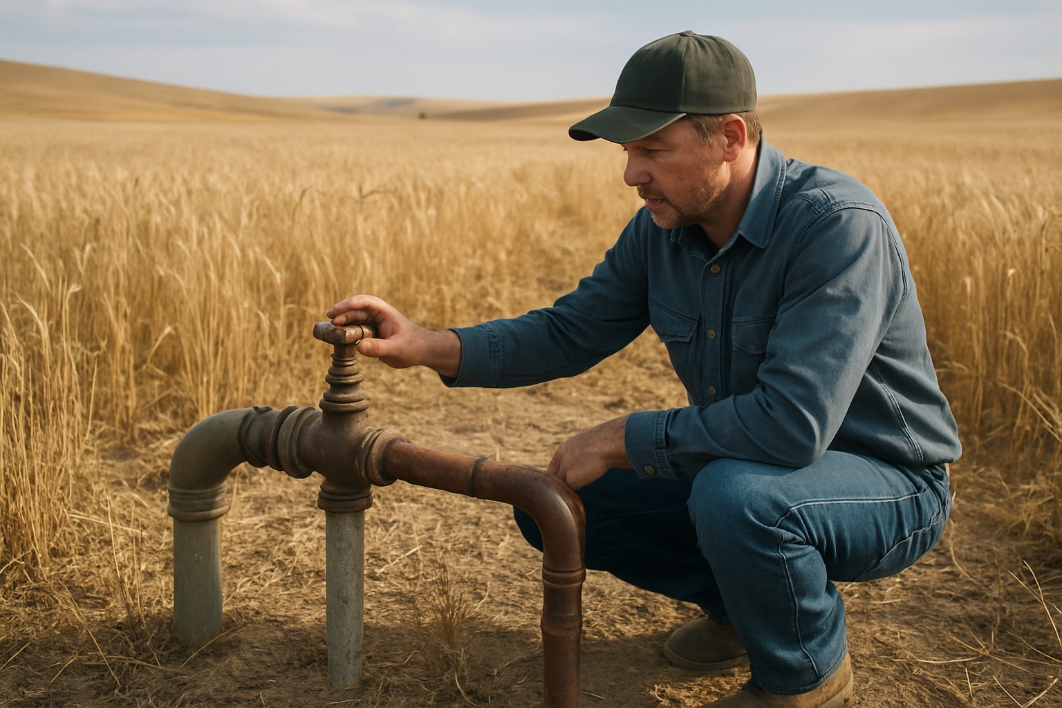 Farmer checking water system on Eastern Washington wheat field.