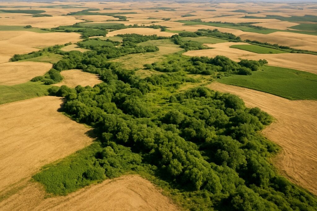 Aerial view of Washington State farmland in the Conservation Reserve Program with lush vegetation.