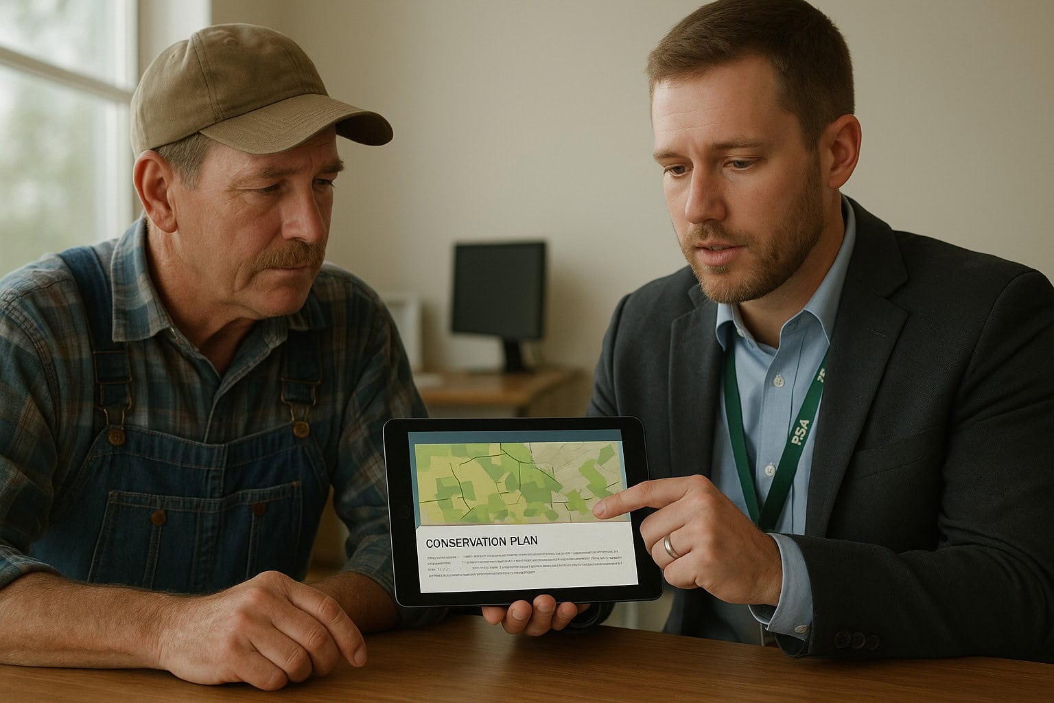 Farmer consulting with an FSA officer on a conservation plan in a rural Washington office.