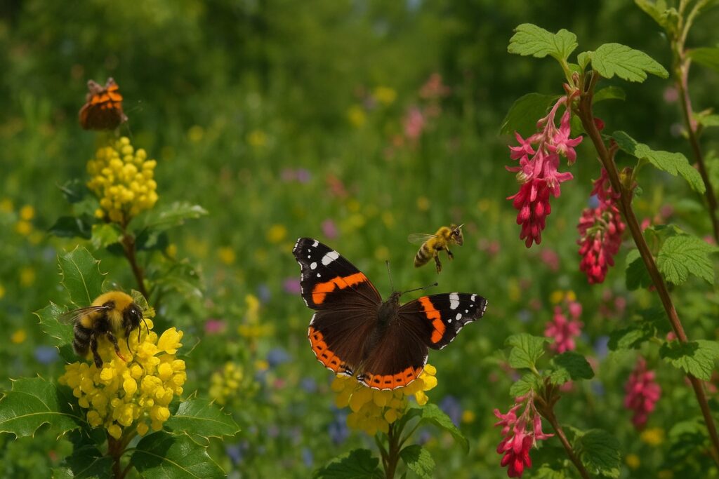 A garden in Washington State with native plants attracting bees and butterflies.