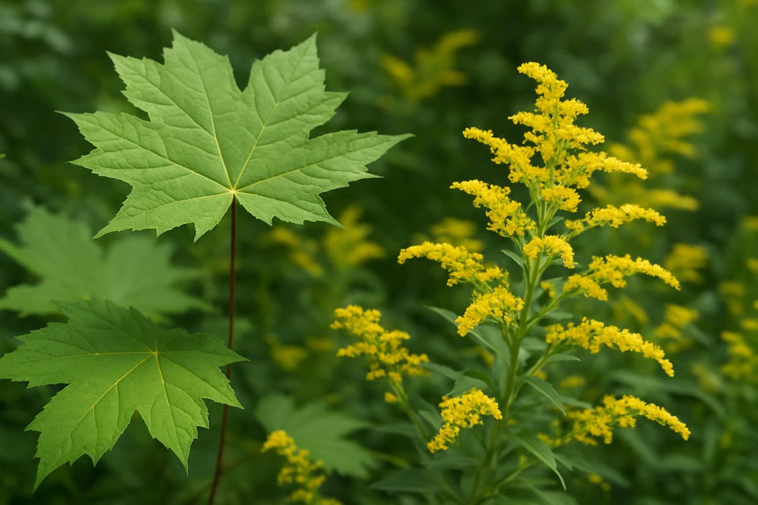 Bigleaf maple and goldenrod plants in bloom in a Washington garden.