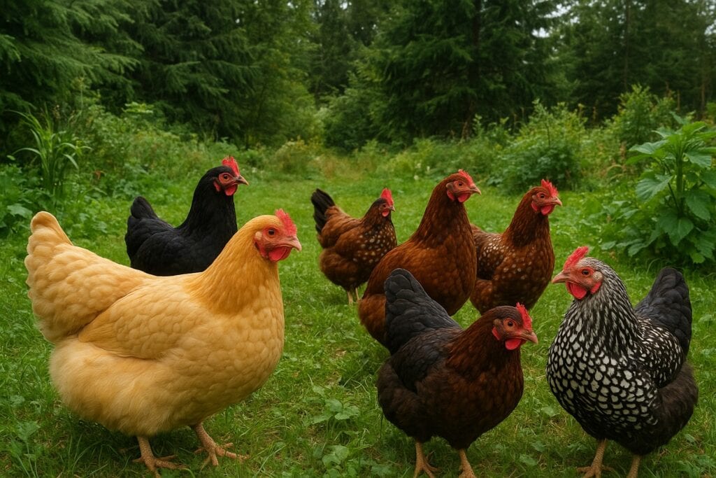 Various chicken breeds in a Washington State backyard setting.