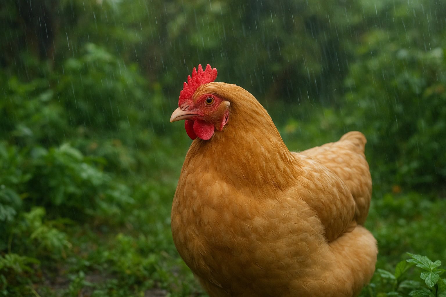 Orpington chicken in a rainy Western Washington garden.
