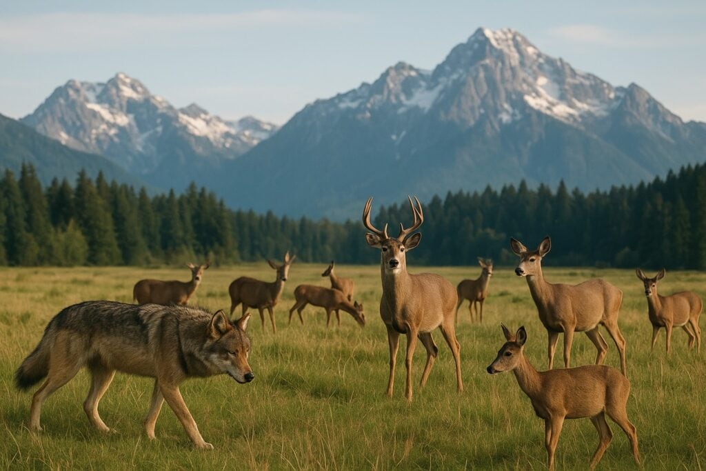 Wolf and deer in Washington State landscape with Cascades in background.