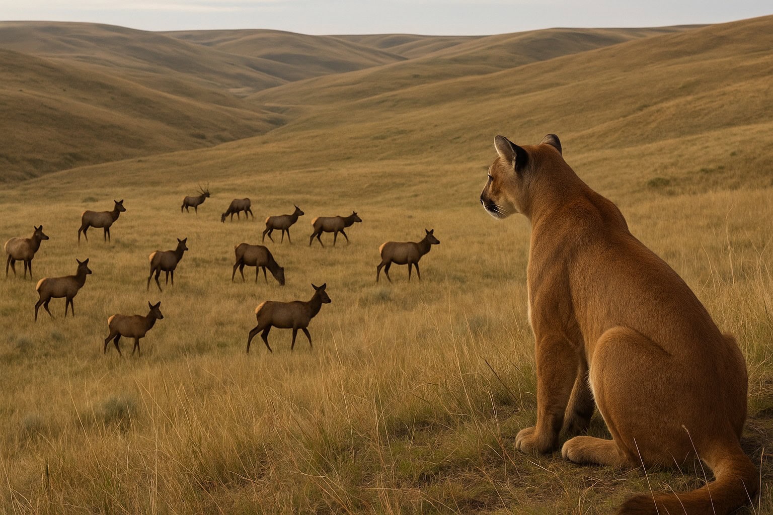 Cougar and elk in Palouse hills, illustrating predator-prey balance.