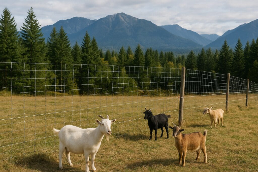 Secure goat fencing in Washington State with mountains and evergreens.