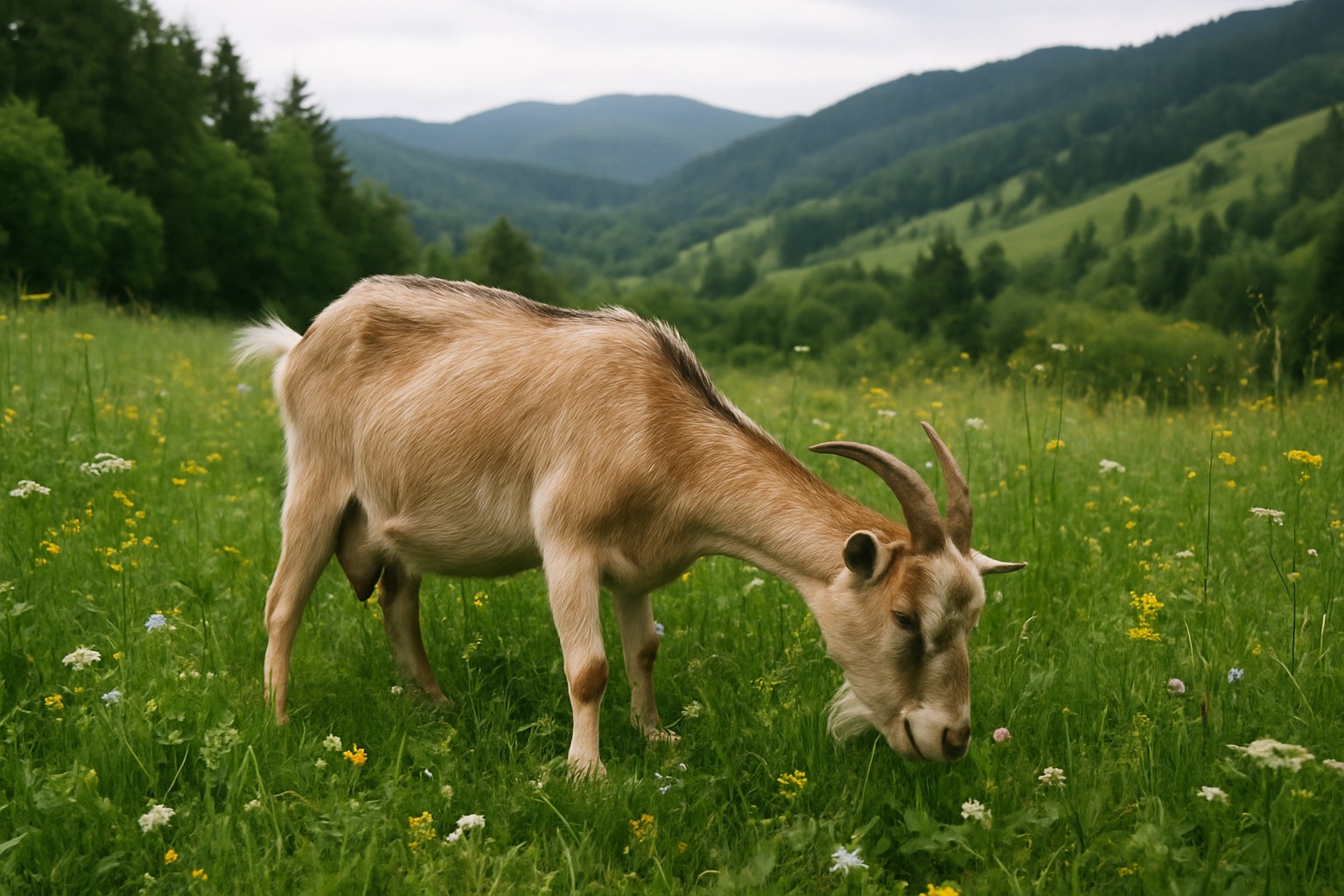 Goat grazing in Pacific Northwest pasture with diverse plants and rolling hills.