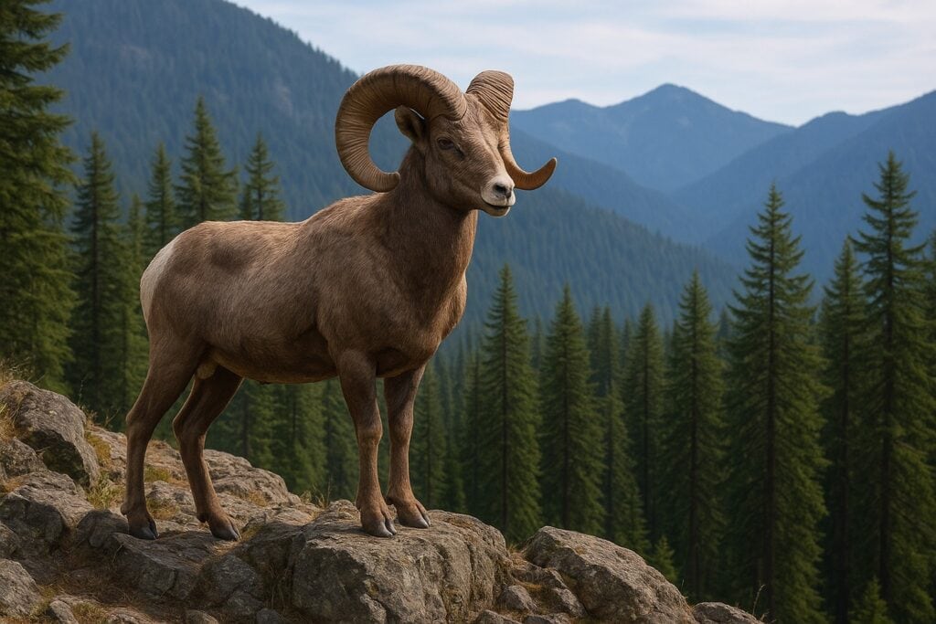 Bighorn sheep on a rocky outcrop in Washington State with mountains and trees in the background.
