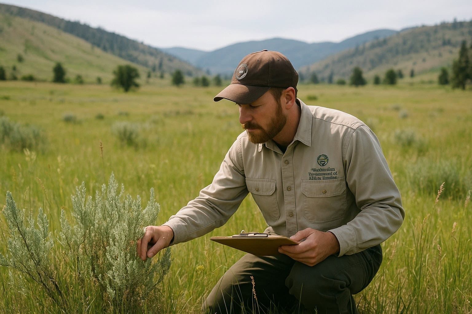Conservationist examining restored rangeland in Methow Valley with native plants and open land.
