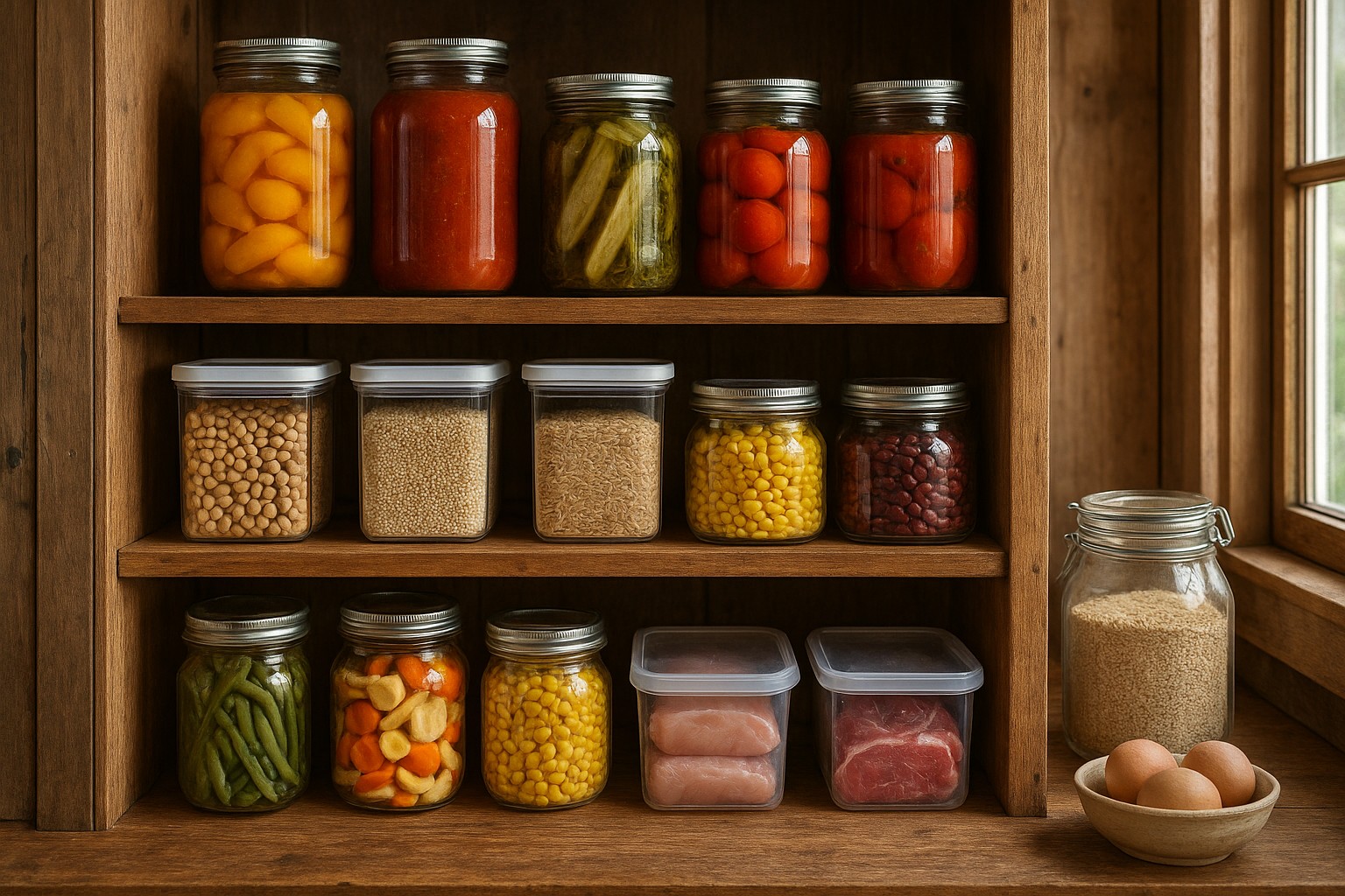 A pantry in Washington State with preserved produce, grains, and protein sources.