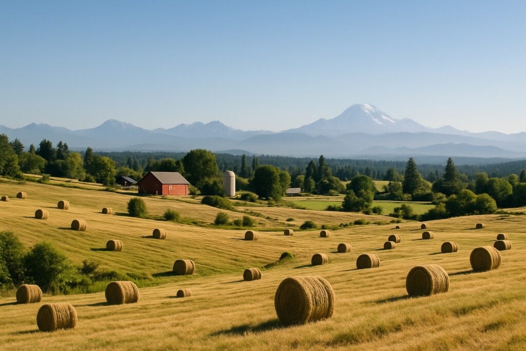 A scenic view of a Washington State farm with hay fields and the Cascade Mountains in the background.