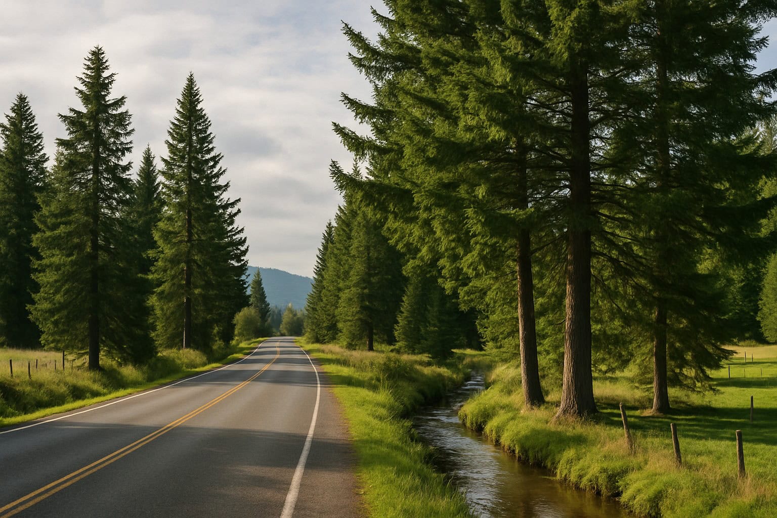A rural road in Washington State with evergreen trees and a creek.