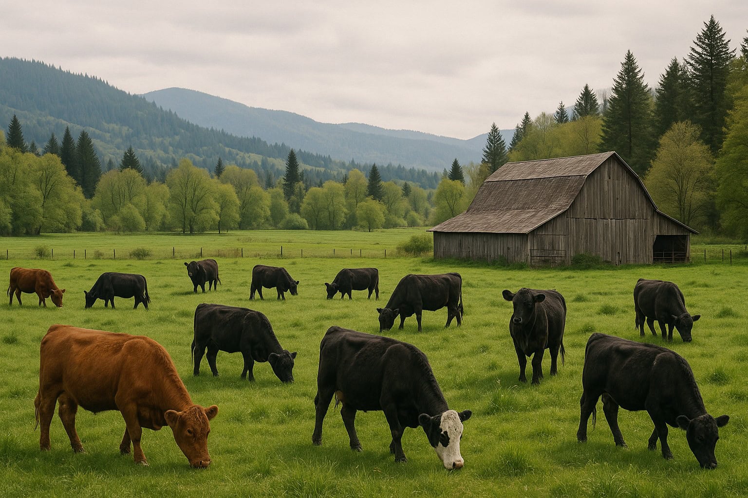 Grazing land in Washington State with cattle and a rustic barn.