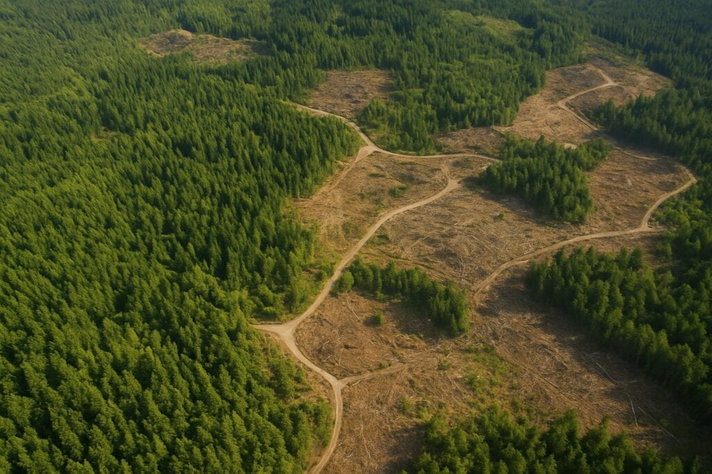 Aerial view of a Washington State forest with logging roads and harvested timberland.