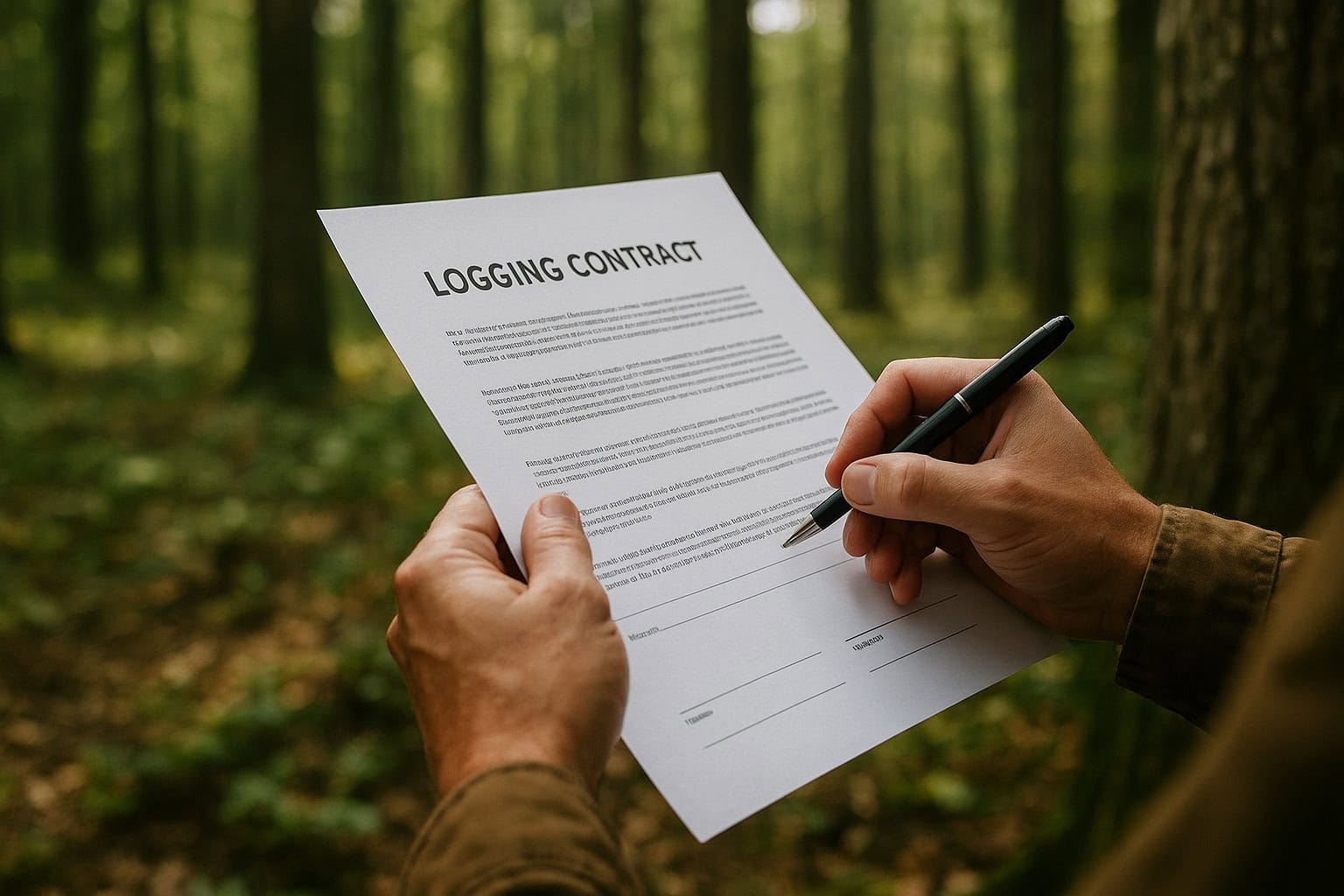 Close-up of a logging contract being reviewed outdoors with a forest backdrop.