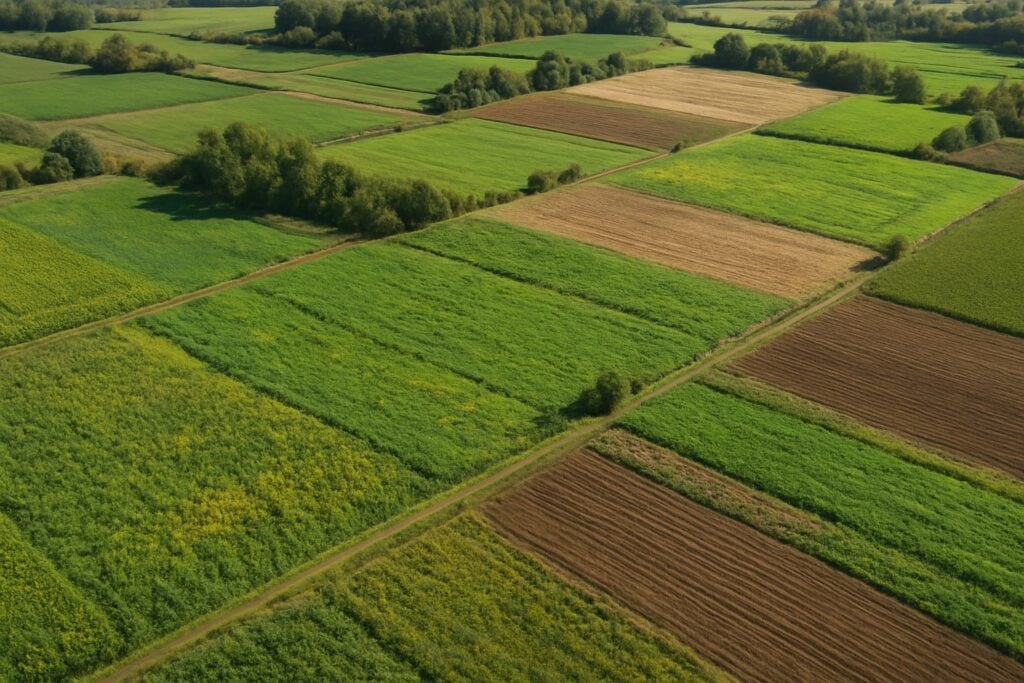 Aerial view of a Washington State farm with sustainable practices.