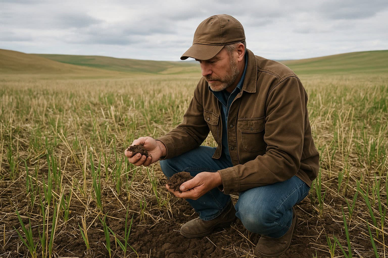 Farmer inspecting soil in a no-till wheat field in Washington State.