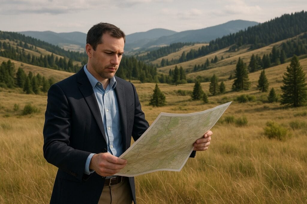 Professional land broker in rural Washington landscape examining a map.