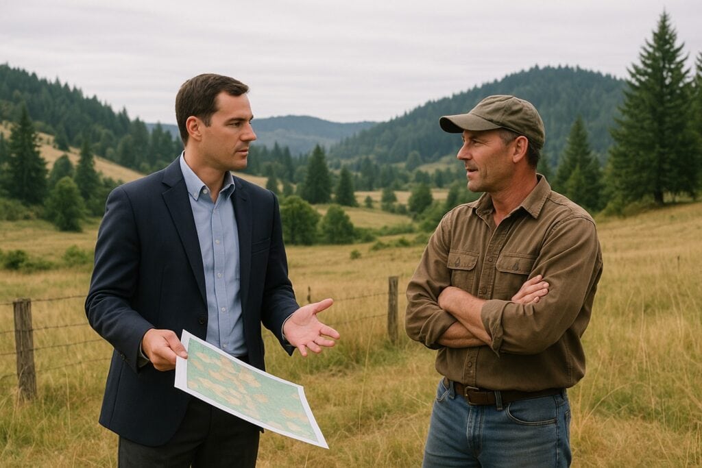 Land broker in rural Washington discussing land with farmer.