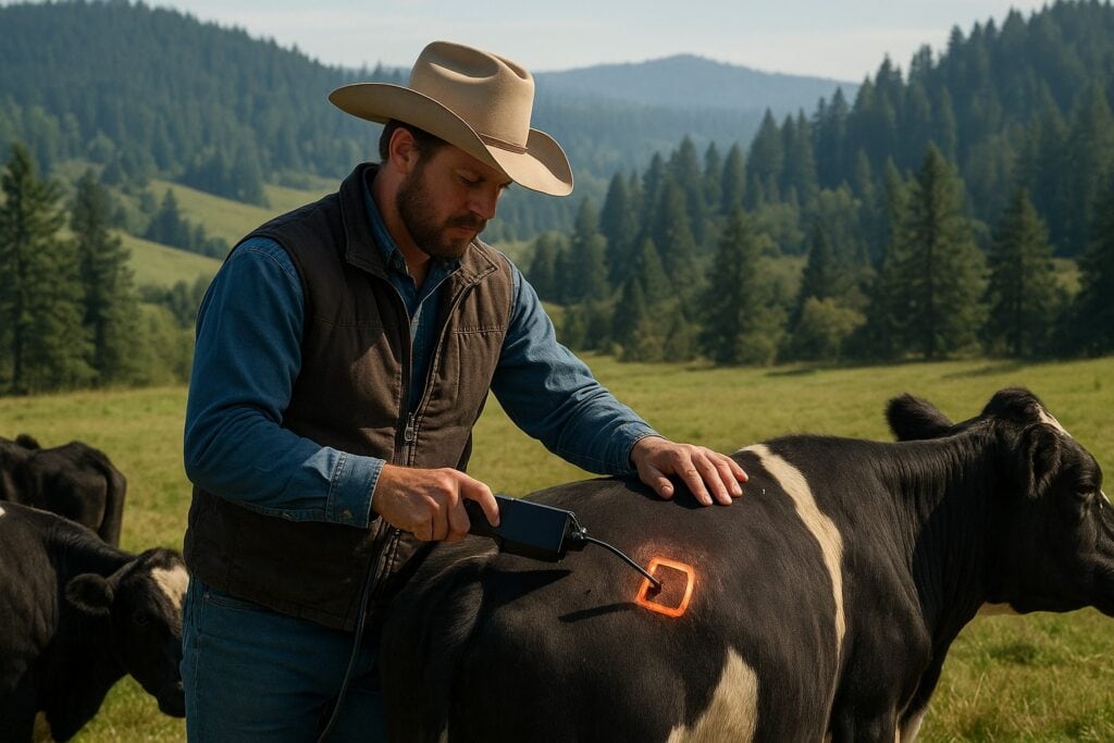 Rancher branding cattle in Washington State with electric branding iron.