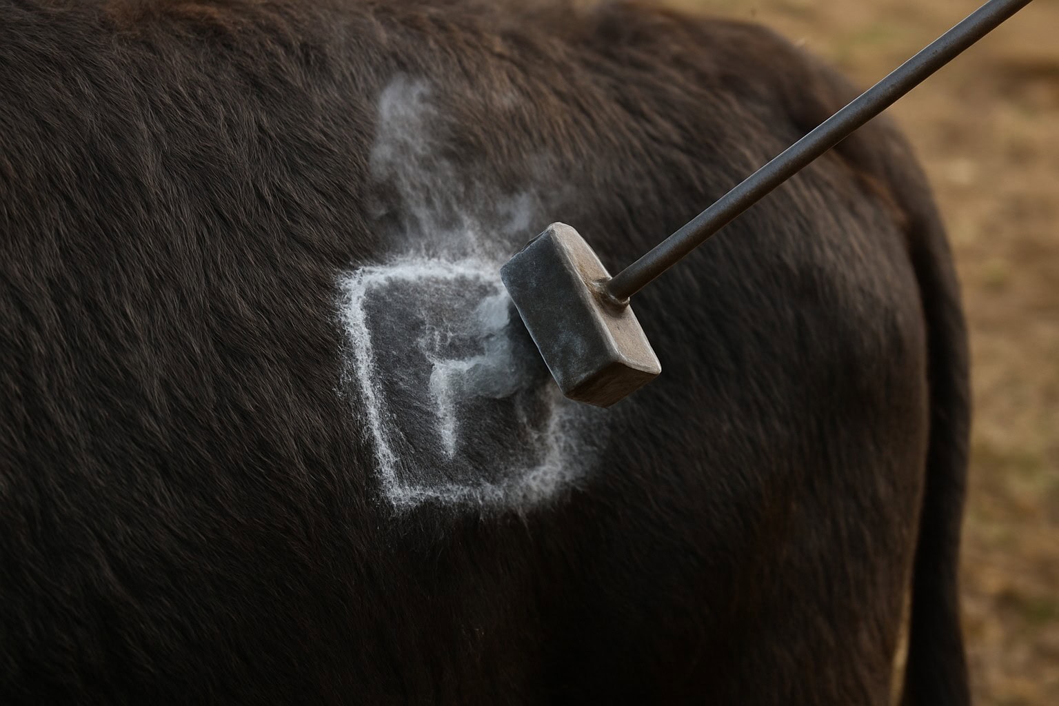 Freeze branding on a cow with visible hair color change.