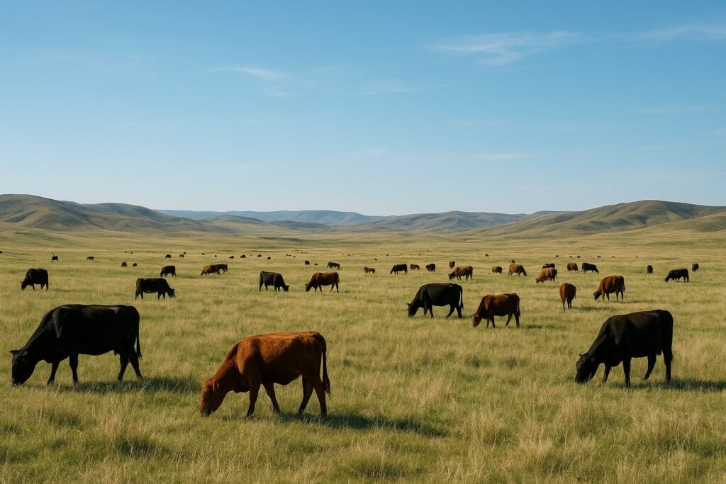 Cattle grazing on grasslands in Eastern Washington with rolling hills.