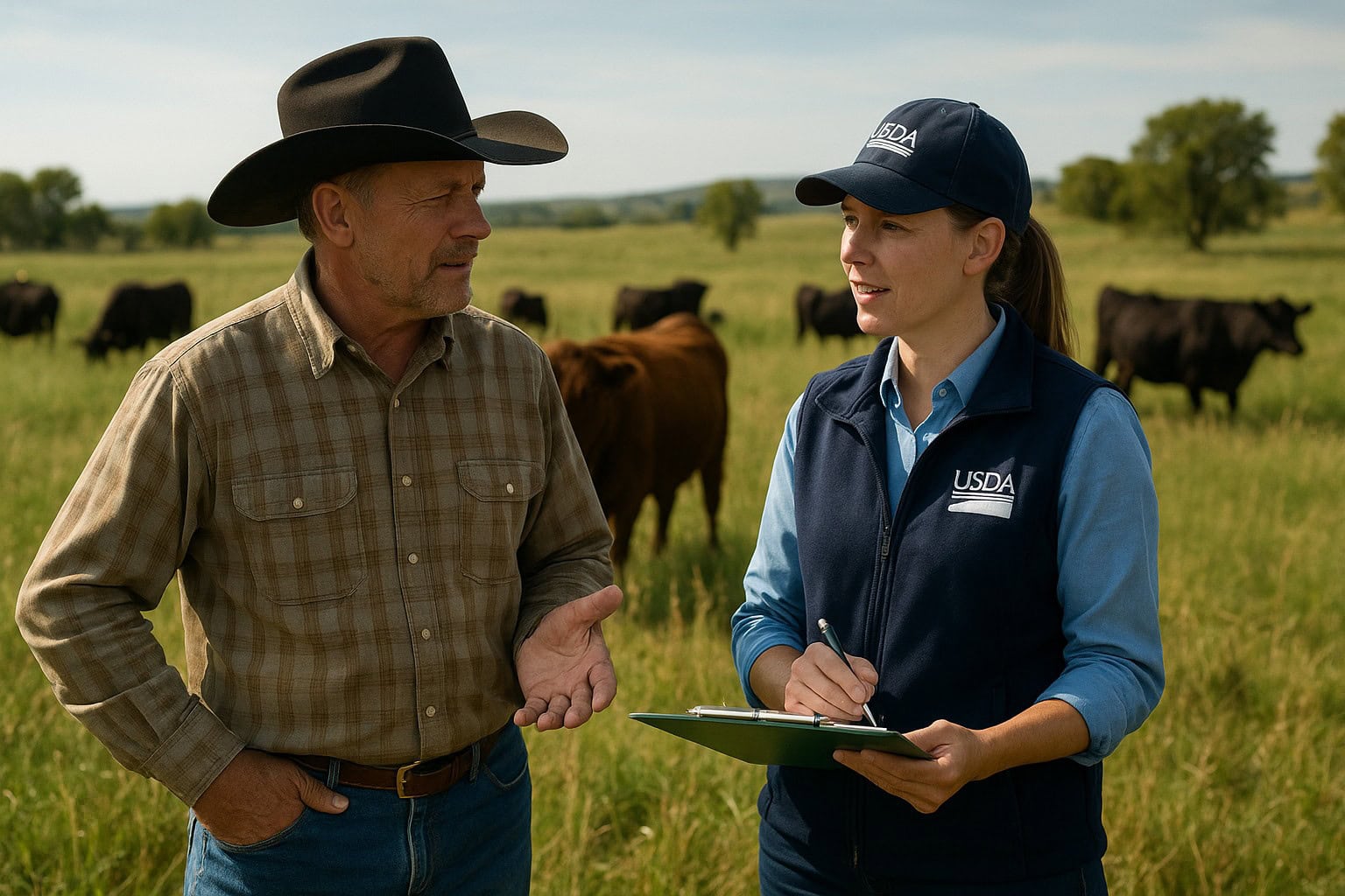 Rancher and USDA representative discussing sustainable grazing in a field.