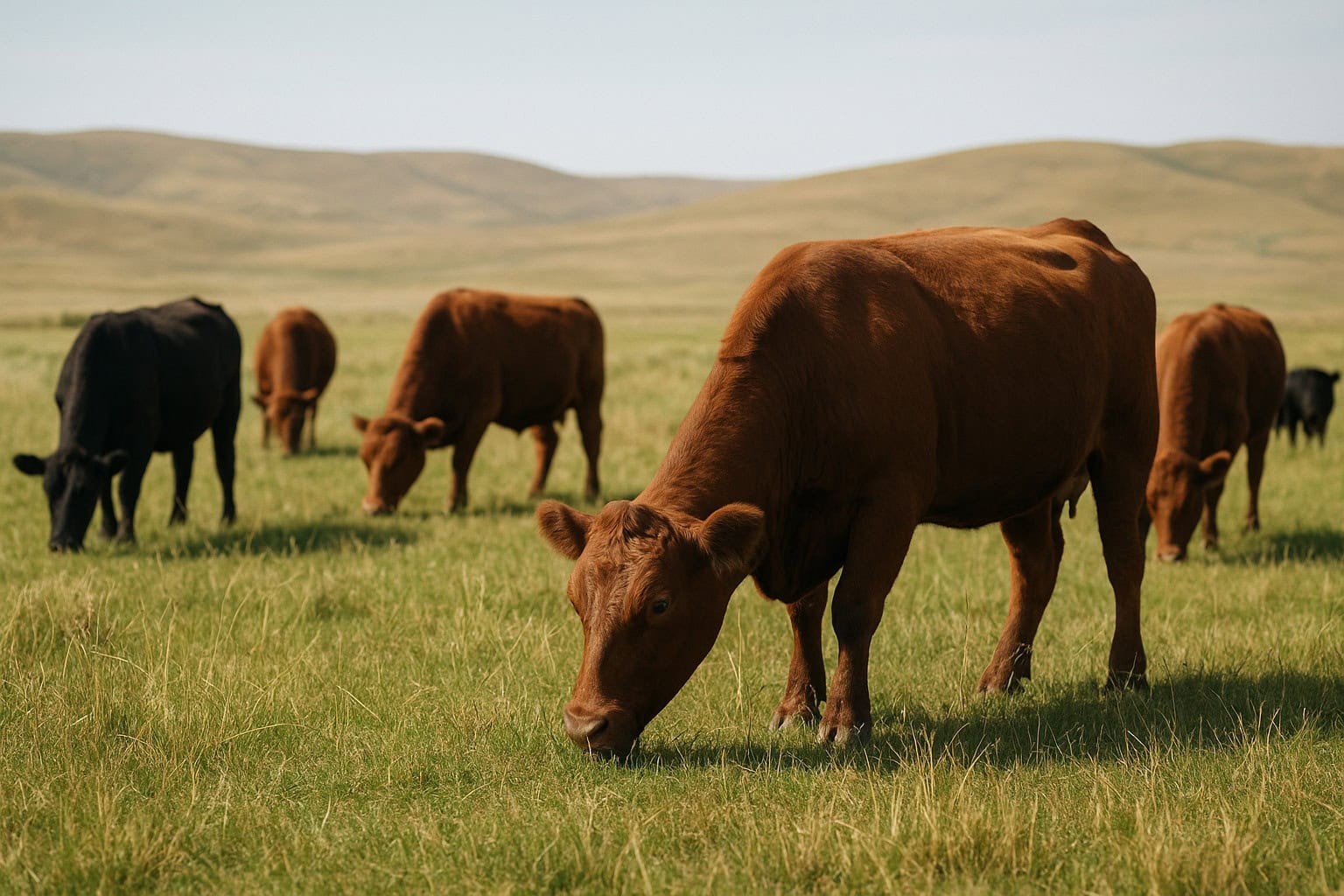 Cattle grazing on natural forage in Eastern Washington with hills.