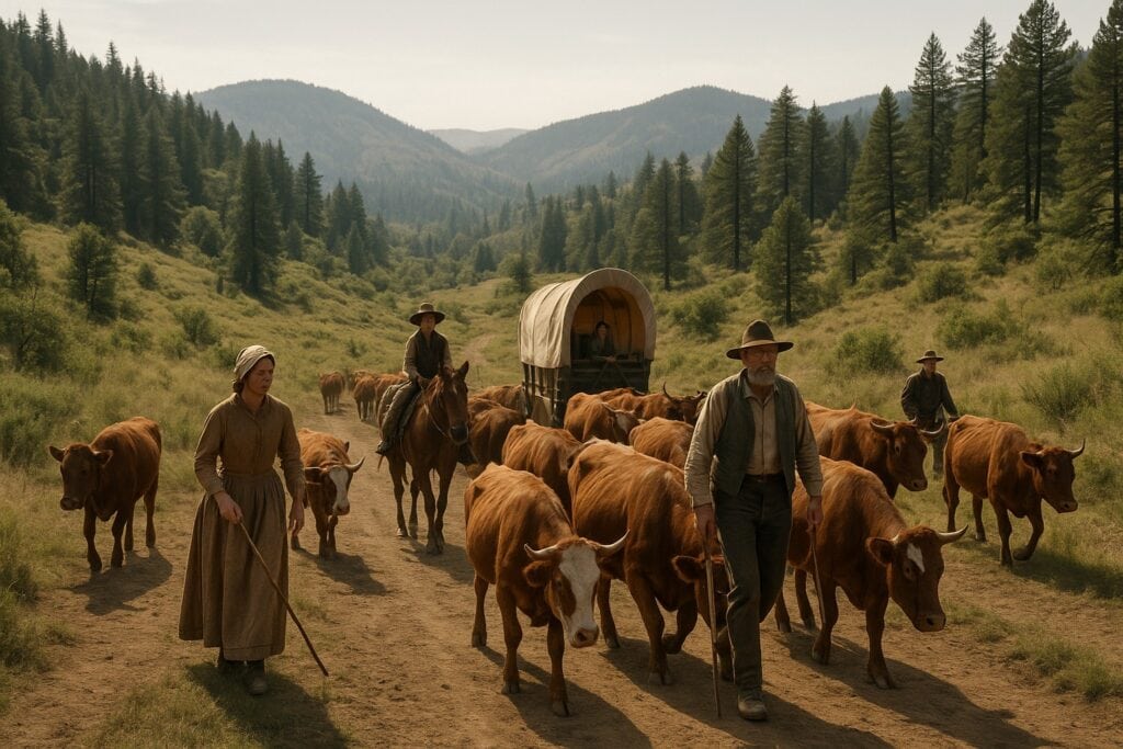 Historical cattle drive on the Oregon Trail in the Pacific Northwest.