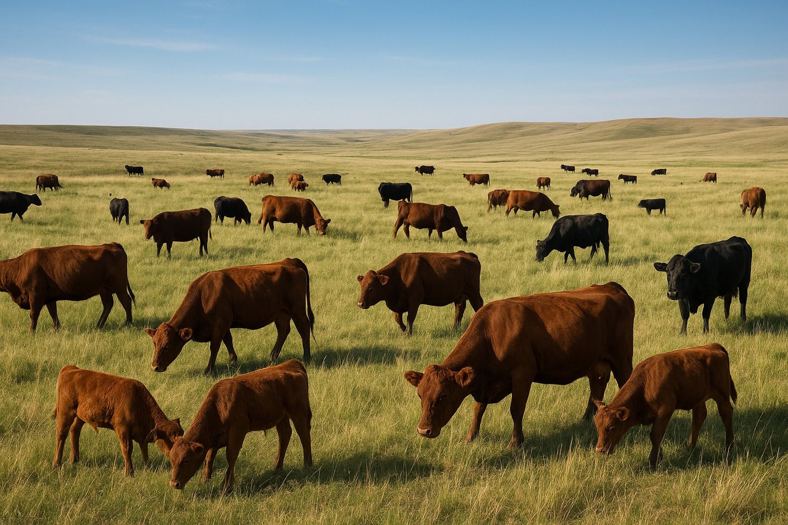 Modern cattle ranch in Eastern Washington with grasslands and grazing cattle.