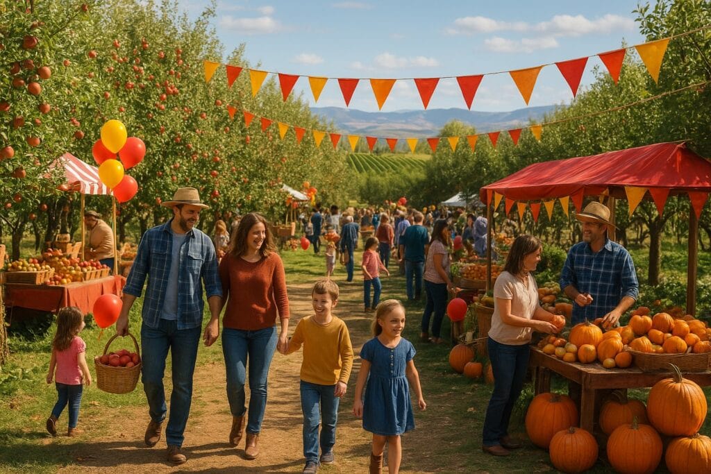 Harvest festival in Yakima Valley with apple orchards and grape vineyards.