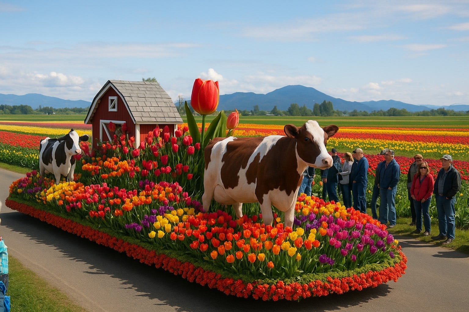 Parade in Skagit Valley with tulip and dairy farm themes.
