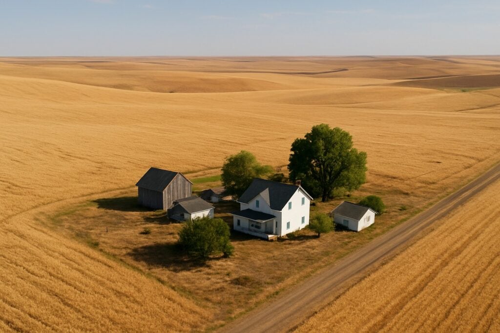 Aerial view of a rural homestead with wheat fields in Ritzville, Washington.