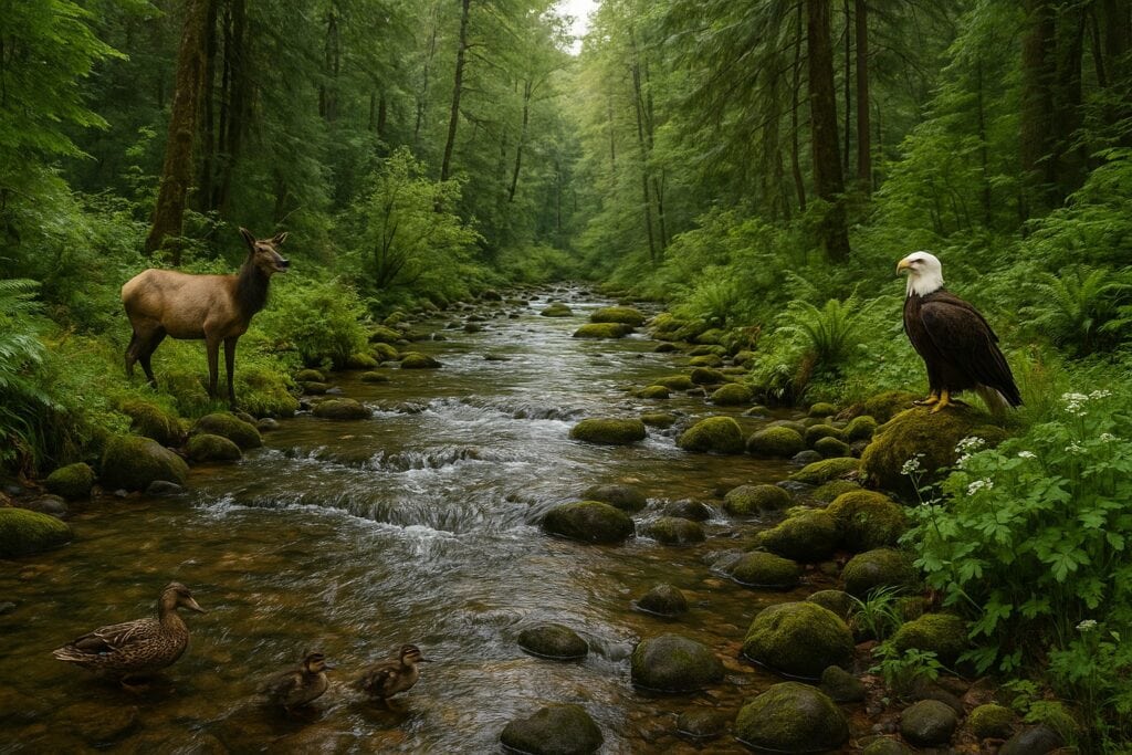 Creek in a Washington State forest, highlighting water sources for wildlife habitat.