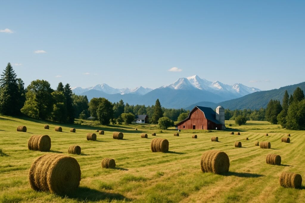 A Washington State farm with hay fields and the Cascade Mountains in the background.