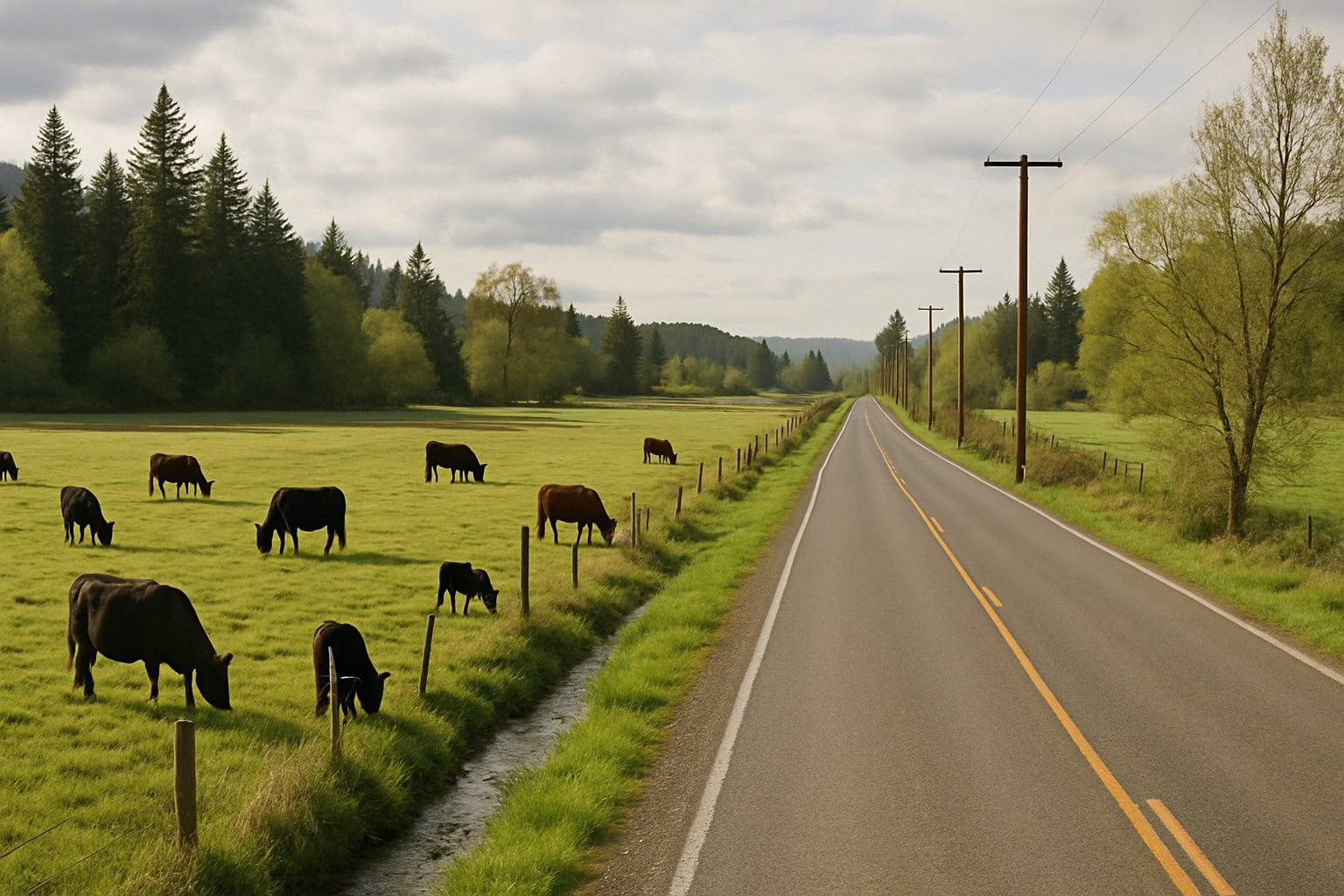 A rural road in Washington State with grazing land and a creek.