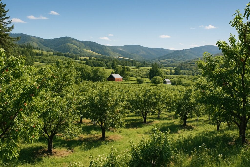 A scenic view of a Washington State farm with cherry orchards and rolling hills.
