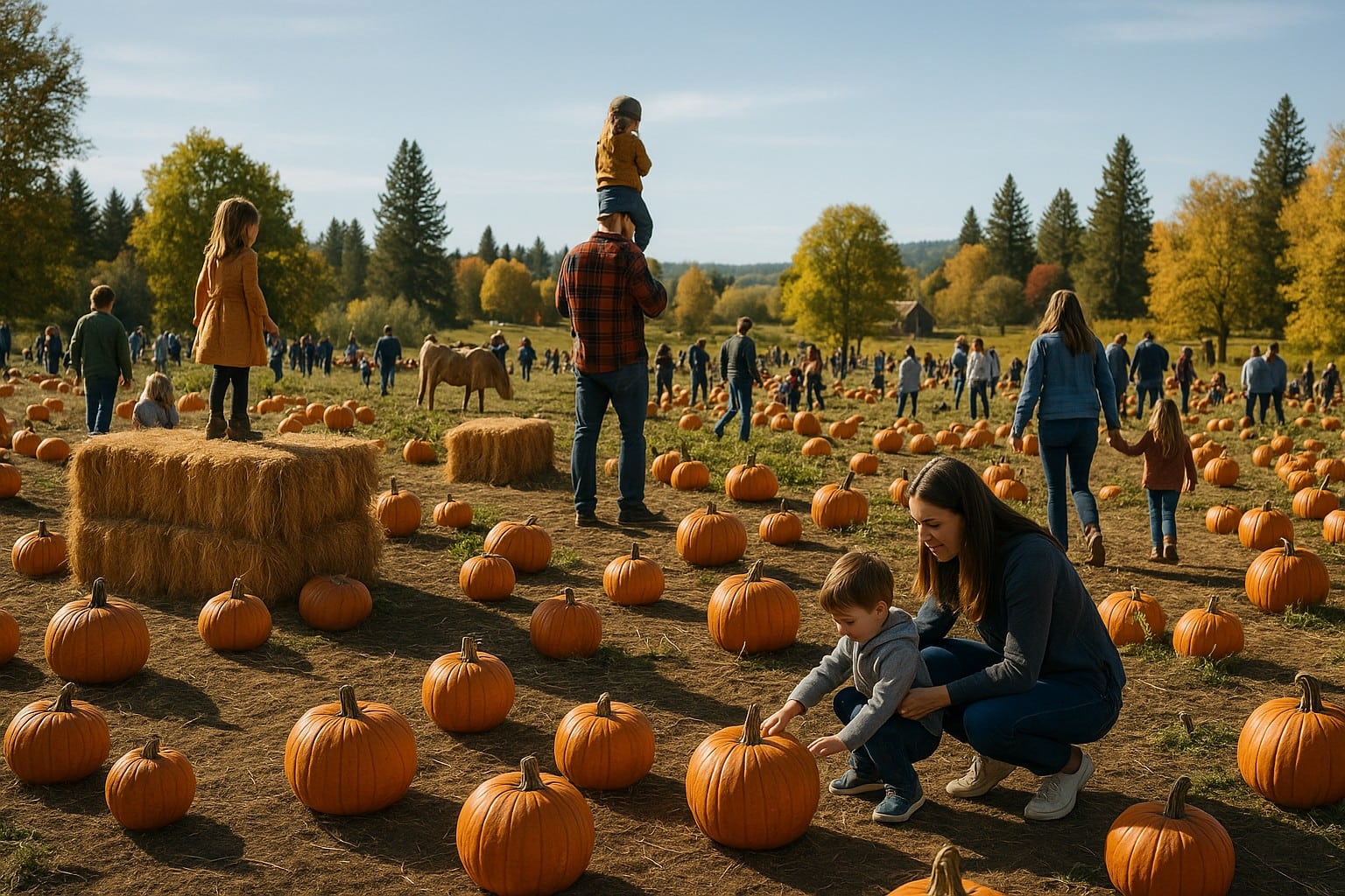 A fall harvest event in Greenbluff, WA, featuring pumpkins and families.