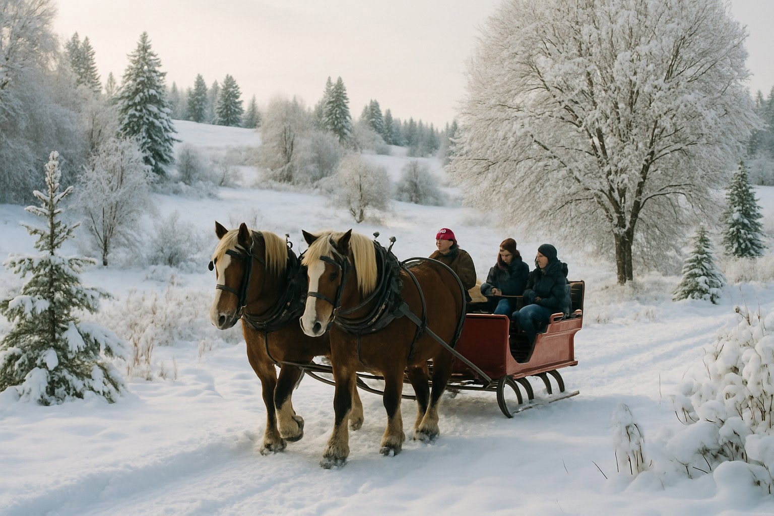 A winter scene in Greenbluff, WA, with a horse-drawn sleigh ride.