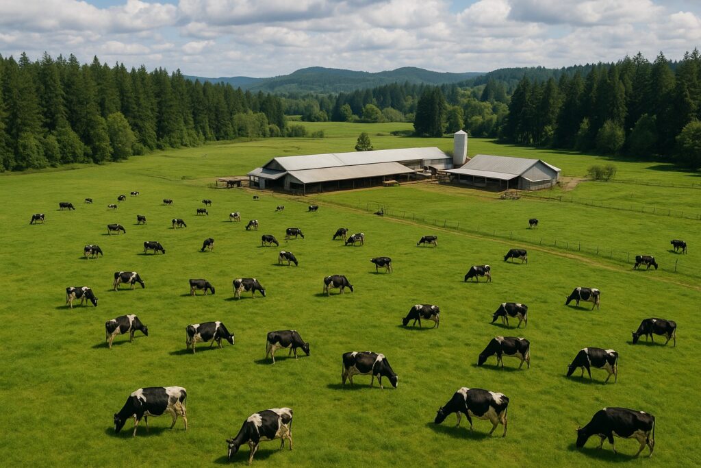 Aerial view of a Washington dairy farm with lush pastures and cattle.