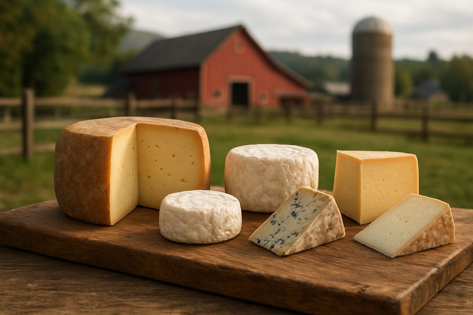 Artisanal cheese varieties on a board in a Washington farm setting.