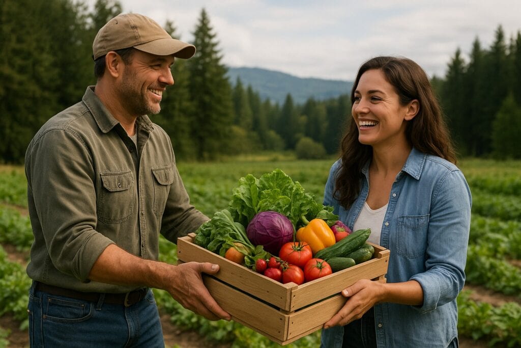 Farmer and consumer exchanging produce in Washington State farm setting.