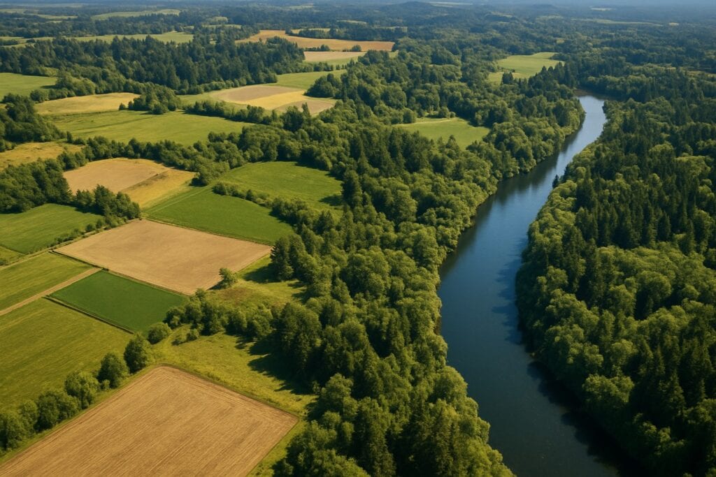Aerial view of Washington State landscape with farmland, forests, and waterways.